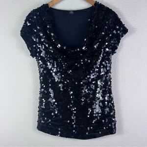 INC  International Concepts Black Sequin Cowl Neck Blouse Medium Holiday